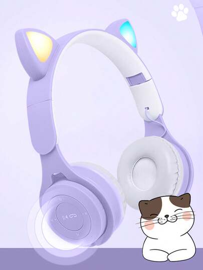 New Cat Ear Wireless Headphones, Gradient Color Cute For Women, Valentine's Day, New Year, Christmas Gift, Support TF Card, Foldable Mini Macaron Holiday Gift