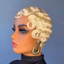 1顶80年代复古优雅无蕾丝指波纹假发，613号金色，150%密度，4英寸指波纹真人发假发，女士短款精灵头假发，妈妈款假发 - 金色 - 查看 4