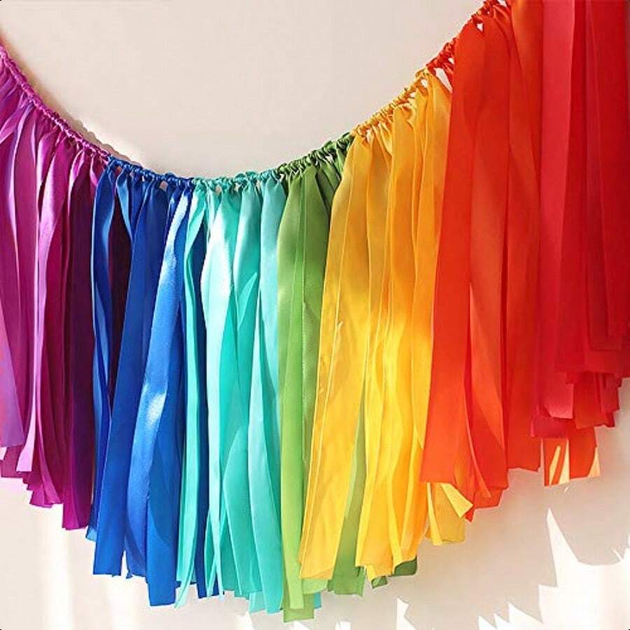 Ribbon Garlands Handmade Garland Hanging Decorations Preassembled Ribbon Tassel Garland Fabric Shabby Chic Banner For Wedding Shower Rainbow Tassel 7 Colors 40 X14in-0166 - RainbowTassel - Xem 1
