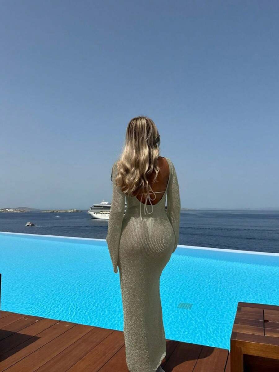 女士纯色性感露背修身长袖薄纱连衣裙，春夏优雅女装 - 薄荷綠 - 查看 1