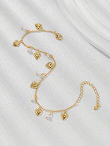 1条简约心形脚链，个性化设计，镂空心形搭配仿珍珠吊坠，适合情侣佩戴，沙滩装。 - Love+Pearl - 查看 3