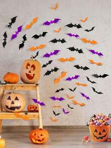 72 件万圣节蝙蝠装饰，4 种不同尺寸逼真 PVC 黑紫和橙色 3D 蝙蝠贴纸，适用于家居装饰 DIY 墙贴，室内、室外万圣节派对用品、DIY、浴室、酒吧、办公室、室内、万圣节派对用品、家居装饰秋季、圣诞节
