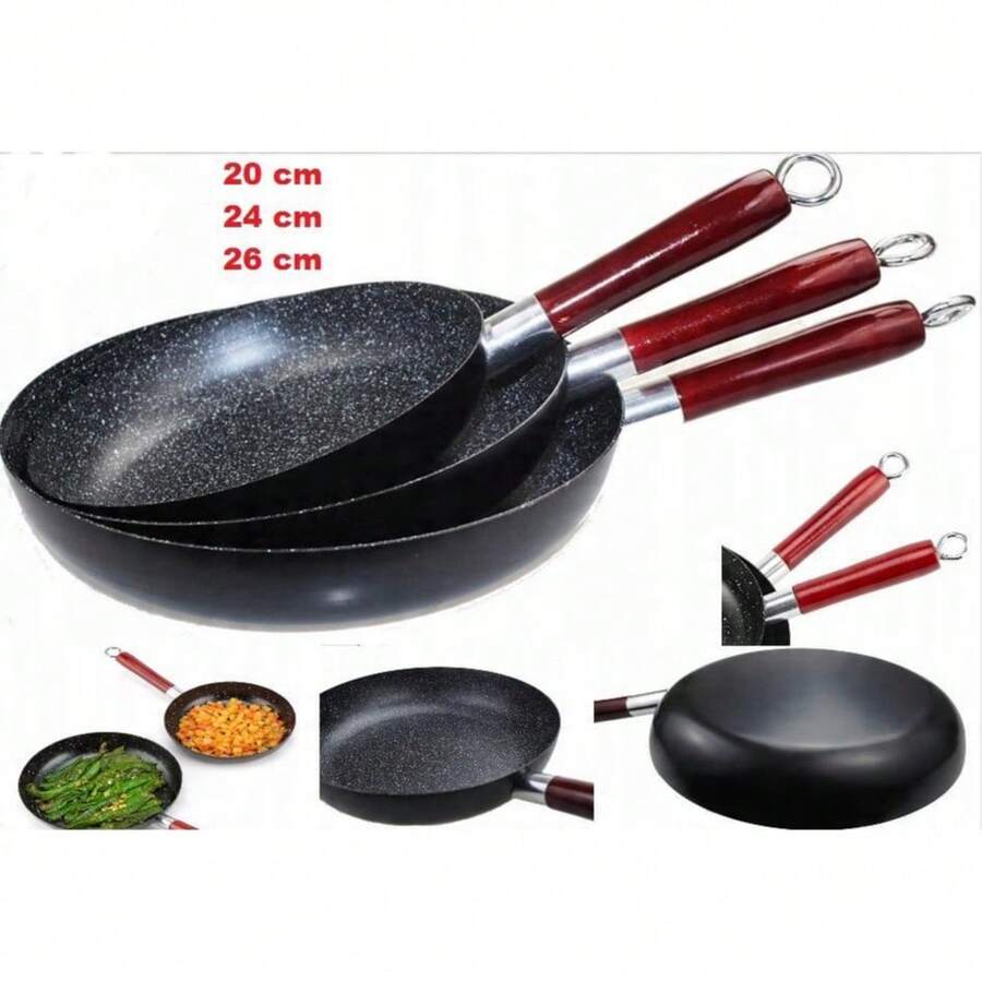 Frying Pan Set 3 Piece – 20/24/26cm Non-Stick Marble Coating – Induction Compatible Skillets – Black Marble, Cool-Touch Wooden Handle – Scratch Resistant, Dishwasher Friendly – Even Heating Aluminum Cookware - Black - View 1