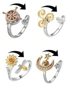 1 Stück modischer drehbarer Stern, Mond, Sonnenblume, Totem, Windmühlen Design Ring, unisex personalisierter doppellagiger Drehring