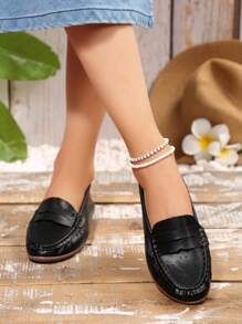 女士圆头便士乐福平底鞋，大码，镜面抛光，纯色，灵活，四季皆宜，简约设计，聚氨酯鞋面，织物内里，TPR 鞋底，无亮片，可手洗或专业干洗 - 黑色 - 查看 7