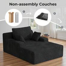 Nalupatio 51'' Oversized Chaise Lounge Chair Indoor, Non-Assembly Deep Seat Sofa Bed Corduroy Sleeper Cloud Couch With 2pcs Pillows For Reading Living Room - 黑色 - 查看 7