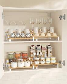 Estante para Especias, Juego de 2 Estantes de Armario, Especiero Extensible de 3 Niveles, Madera de Ingeniería, Apilable, para Despensa, Encimera, Beige Natural y Blanco Nube