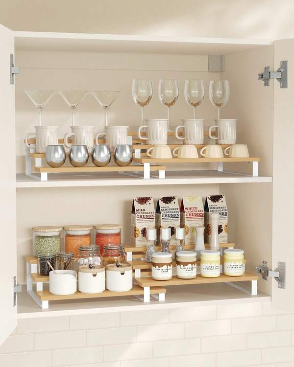 Estante para Especias, Juego de 2 Estantes de Armario, Especiero Extensible de 3 Niveles, Madera de Ingeniería, Apilable, para Despensa, Encimera, Beige Natural y Blanco Nube