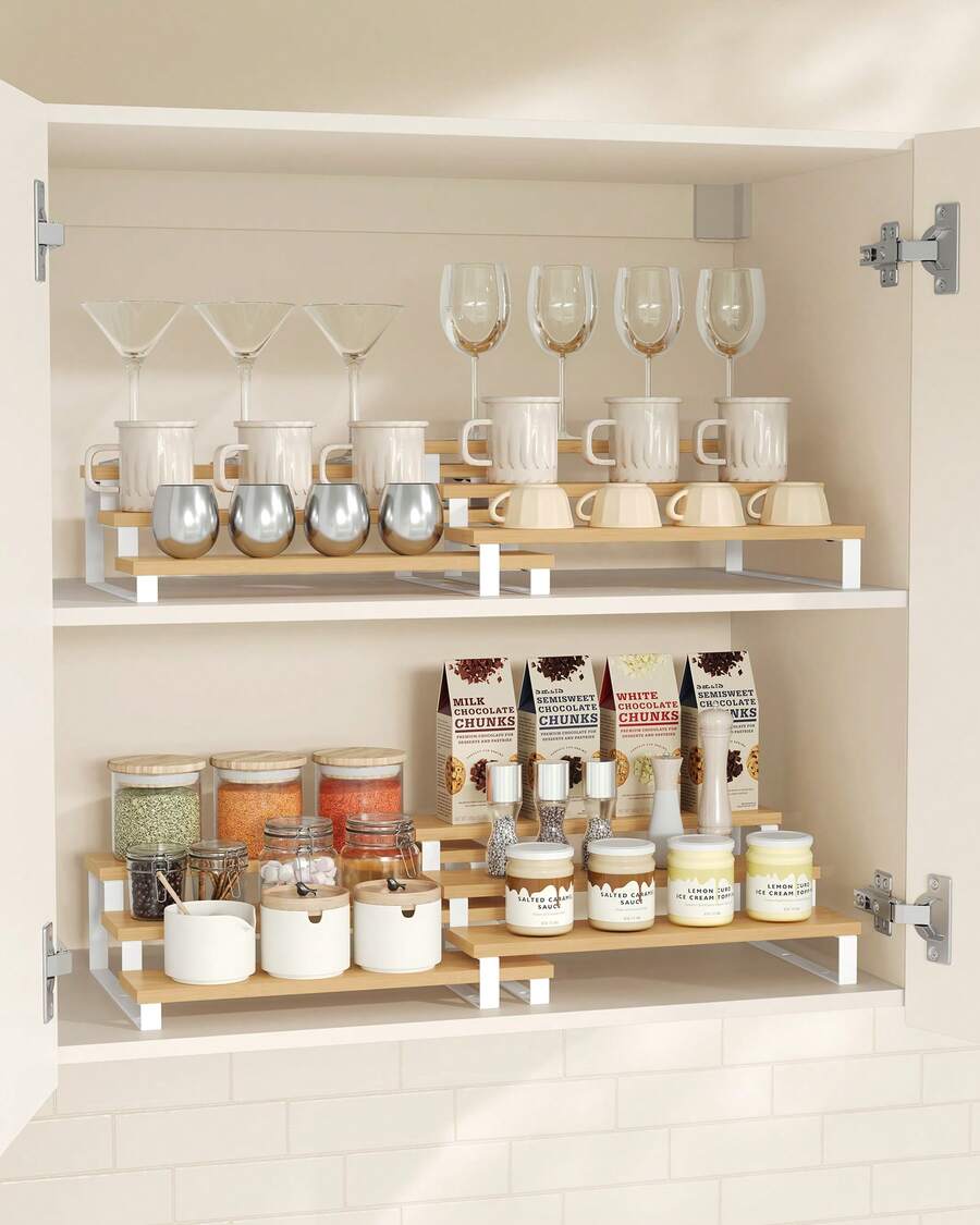 Estante para Especias, Juego de 2 Estantes de Armario, Especiero Extensible de 3 Niveles, Madera de Ingeniería, Apilable, para Despensa, Encimera, Beige Natural y Blanco Nube