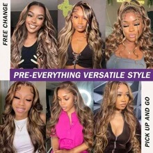 VIOLLY 亮点渐变色 13x4 大面积透明蕾丝前部手工编织真人发假发 200 密度 28 英寸长身体波浪蜂蜜金色巴西真人发混合假发 - 混合真人发和合成预拔发际线和预漂白隐形结适合女性在日常或节日场合佩戴假发 - SP4/27 - 查看 7