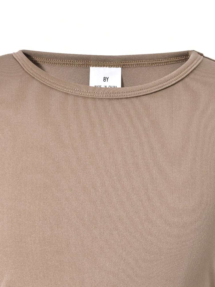 3pcs Girls Plaid Fuzzy Jacket, Bow Decor Blouse & Flare Pants Set, Autumn/Winter - Khaki - View 5