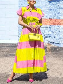 Women's Plus Size 2025 Summer Beach Vacation Dress Contrast Color Striped Lapel Button Butterfly Sleeve A-Line Midi Dress With Adjustable Belt Beach Dresses Holiday Outfit - 黃色 - 查看 3