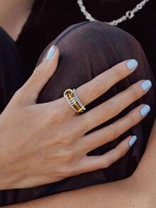 18K镀金立方氧化锆叠戴戒指套装，混合金属多环互扣戒指，防褪色 - 彩色 - 查看 3