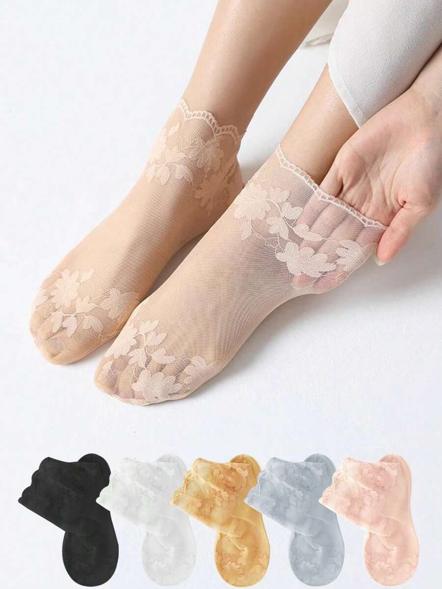 女士袜子夏季透气弹力女士薄款树叶船袜薄款透明蕾丝隐形袜 - 彩色 - 查看 1