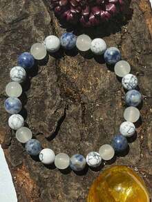 Lapis Lazuli And White Turquoise Handmade Beaded Bracelet For Men And Women For Sleep And Stress Relief, Elastic Homeopathic Insomnia Relief Jewelry Gift - 1 Pc - 藍色 - 查看 4
