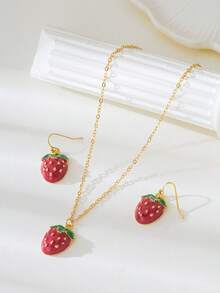 قرطان من الكرز والفراولة + قلادة واحدة، طقم مجوهرات جميل وأنيق من سبائك الكرز والفراولة، مناسب للاستخدام اليومي للنساء