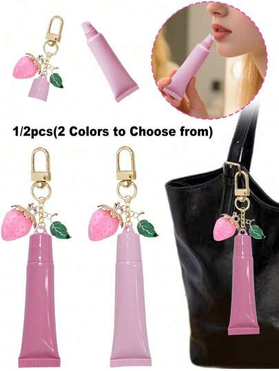 Portable Lipstick Bag Charm, Lipstick Bottle, Strawberry Letter Drip Oil Pendant Element Bag Charm, Tube Packaging Charm, Lip Gloss Lipstick Keychain Charm Accessory, Travel Accessory, Travel Storage Box, Multifunctional Accessory, Fashion Minimalist, Daily Necessity, Can Be Hung On Wallet