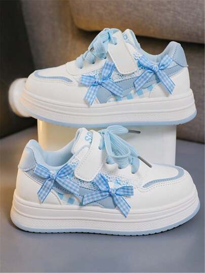 1 Pair Children's New Fashion Comfortable Soft Bottom Bow Knitted Strap Cute PU Hook And Loop Girls Outdoor Casual Versatile Flat Sports Shoes, Suitable For All Seasons