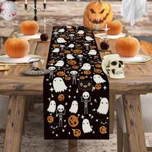 1/25pcs Halloween Themed Pumpkin & Haunted Castle Pattern Table Runner, Dining Table Decor For Restaurant Party Holiday, Dark Style Tablecloth, Halloween Decoration, Indoor Decor, Halloween Party Supplies, Holiday Gift, Room Decor, Dining Table Accessory
