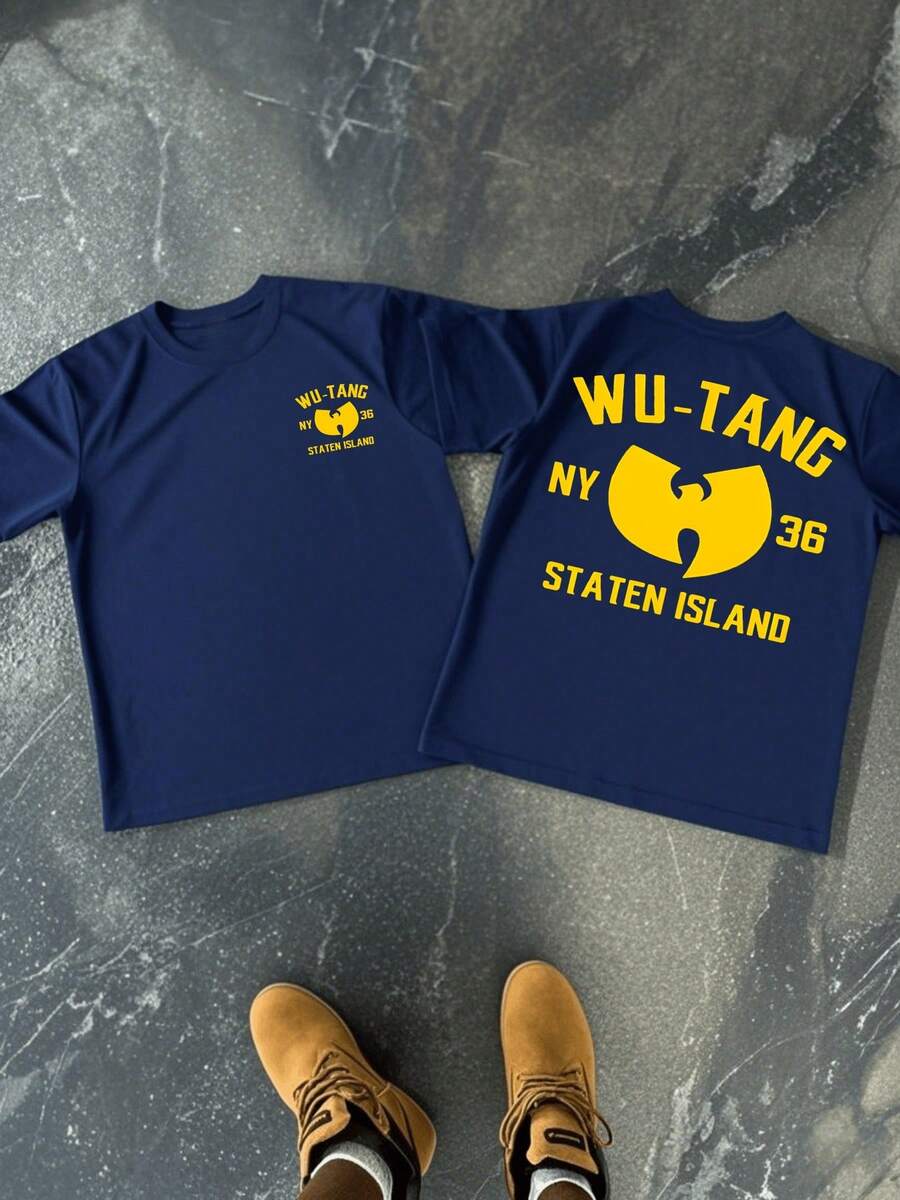 Men's 100% Cotton WuTang Clan Logo Double Sided Digital Printed 220g Hip Hop Style Black T Shirt NY 36 Staten Island Tee 1Pcs - 藍色 - 查看 1