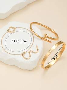 Fashionable European And American Four-Leaf Clover Shaped Zirconia Inlaid Women's Bracelet Set, Suitable For Multiple Occasions, Can Be Stacked, Also Suitable As A Gift For Friends - Yellow Gold - View 6