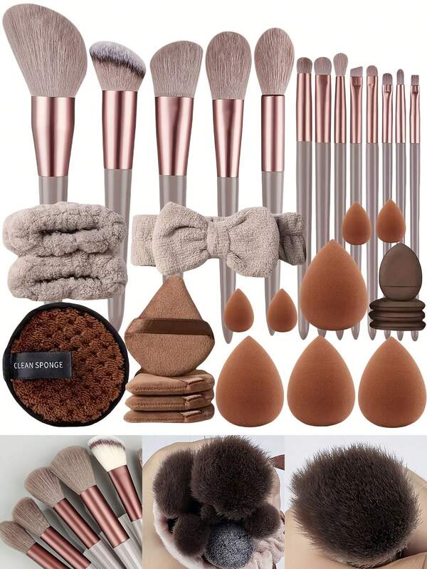 Juego de 13/33 piezas, que incluye pinceles de maquillaje de alta calidad, diadema, muñequera, esponjas de belleza grandes y pequeñas - mango de plástico ABS, mejor regalo, que incluye 13 pinceles suaves, esponjas de belleza, espuma y otros pinceles de maquillaje, para satisfacer todas las necesidades de belleza, desde principiantes hasta profesionales. Los cumpleaños, la Navidad y el Año Nuevo son todas ocasiones para regalar. Accesorios de juego de brochas de maquillaje, adecuados para mezclar tonos beige claros.