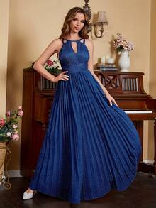 Local Shipping- [Formal Evening Party Gowns For Women] Sparkly Bridesmaid Dresses Long For Women Wedding Guest Party Gowns Halter Pleated Formal Evening Party Gowns Key Hole Front A-Line Zipper Back Homeocming Dresses Long For Teens Hoco Cocktail Gowns