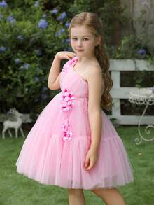 3D Flower Decor One-Shoulder Tulle Princess Dress For Girls, Suitable For Birthday Gift, Party, Wedding, Flower Girl, Holiday Celebration - Pink - View 6