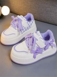 1 par de zapatos deportivos planos, versátiles y casuales para niñas, con correa de punto con lazo, suela suave y cómoda, cierre de gancho y bucle, adecuados para todas las estaciones