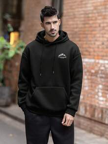 Men's Autumn/Winter Minimalist Mountain Slogan Print Pocket Drawstring Hoodie Sweatshirt - Black - View 3