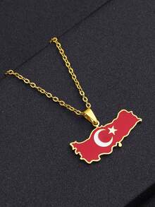 1pc Punk Stainless Steel Drip Oil Turkey Map Flag Pendant Necklace, Minimalist & Fashion Design Suitable For Couples