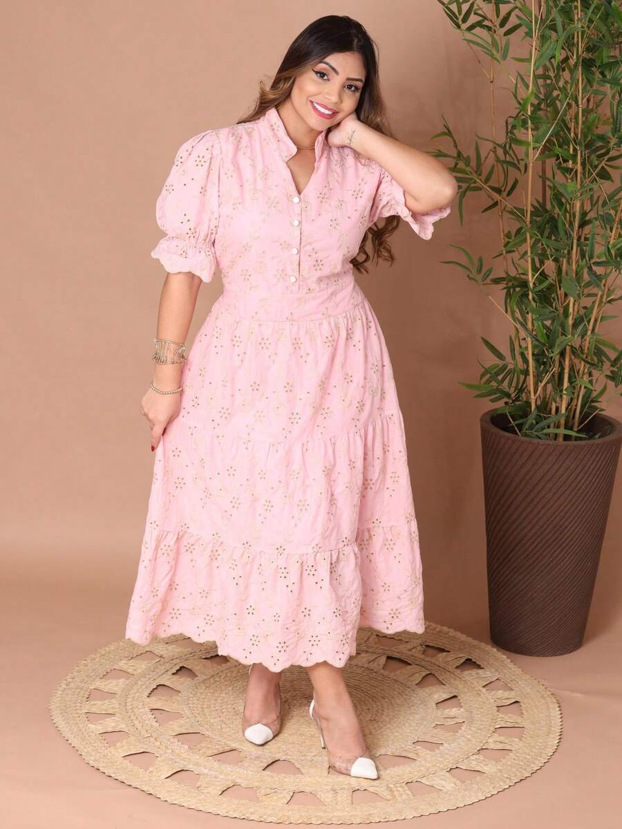 Women's Fashion Midi Dress In 3D Laise Fabric And Smooth With Elastex On The Back And Button On The Front And Lining - 雙色BB粉紅色 - 查看 1