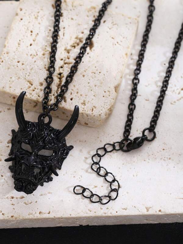 1pc Vintage Punk Gothic Evil Demon Horn Skull Samurai Ghost Pendant Necklace Man Stainless Steel Long Chain Hip Hop Rock Street Wear Party Daily Decoration Fashion Jewelry Gift Accessories Suitable For Daily Wear, Perfect As A Gift For Him