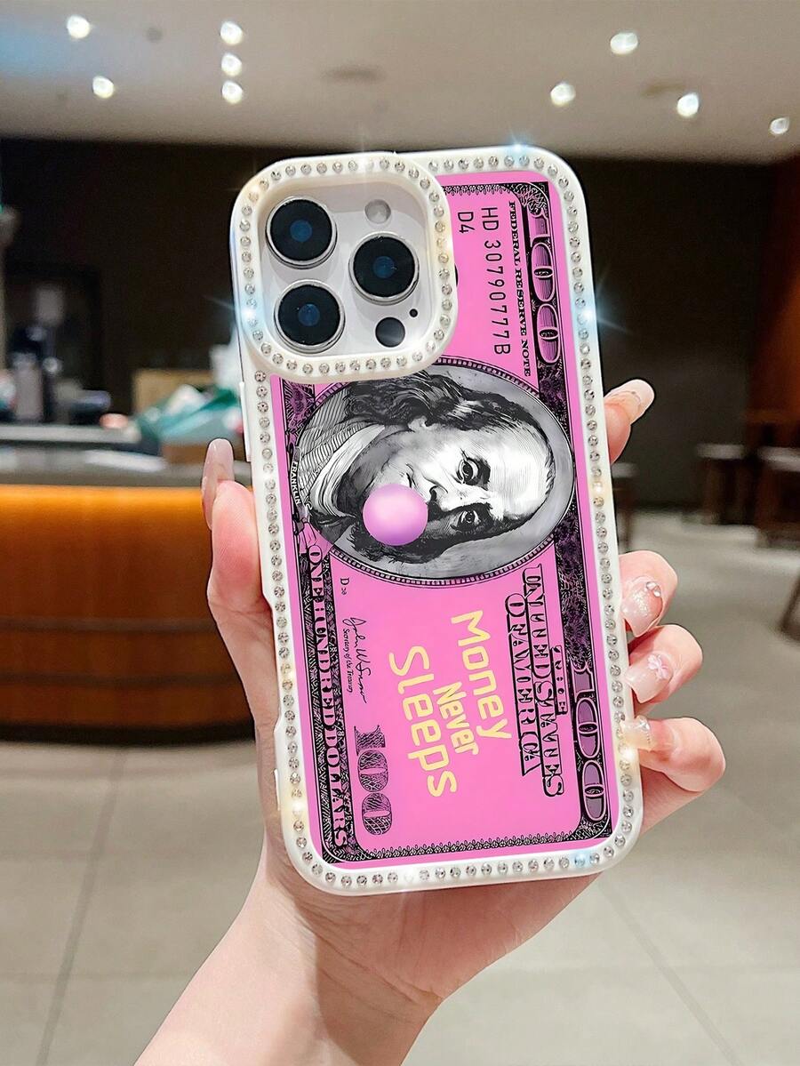 1pc Diamond Mobile Phone Case With Money Never Sleeps Patterns, Double-Sided Diamond Mobile Phone Case, Suitable For All Models Of Apple Mobile Phone Cases, Can Be Used For Apple 11/12/13/14/15/16/Pro/Plus/Pro Max/16e Mobile Phone Cases - trắng - Xem 1