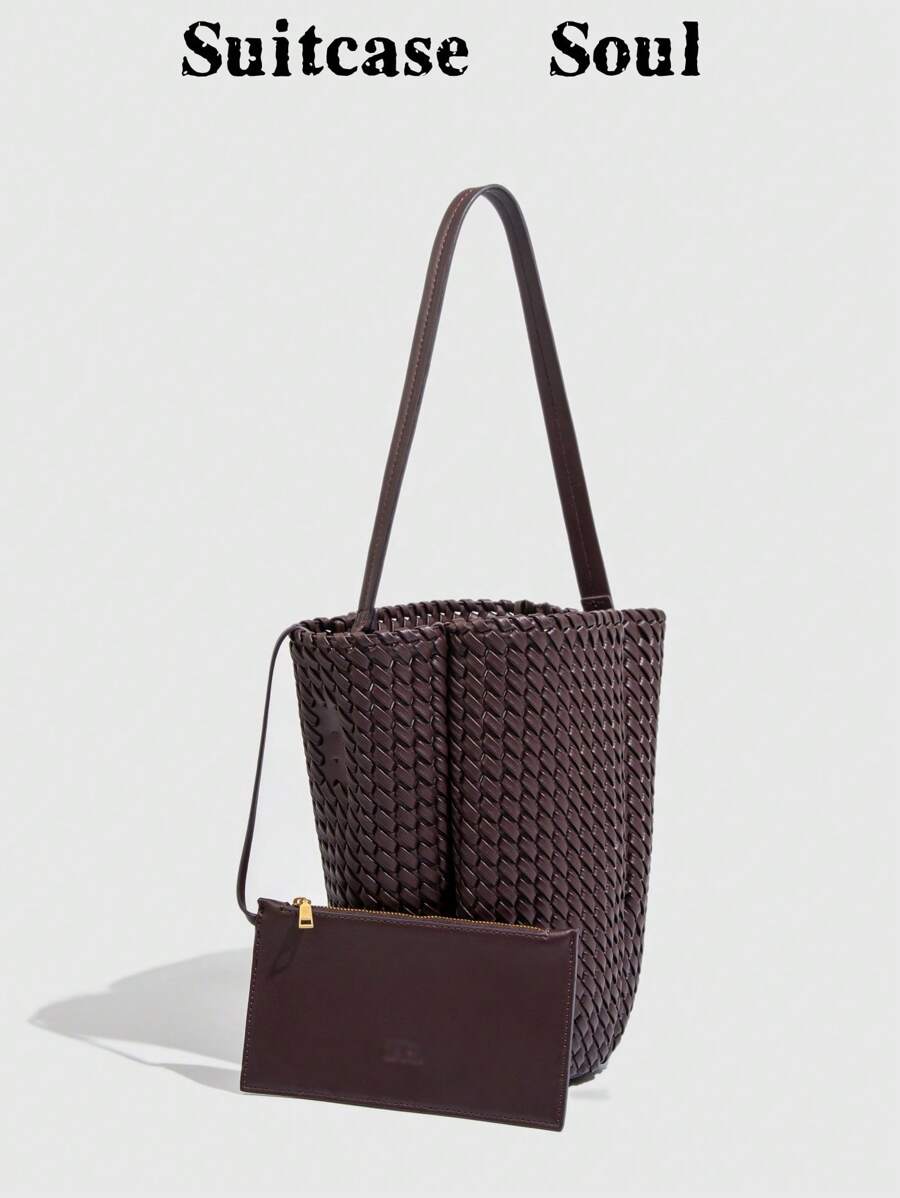 高品质手工编织奢华单肩包，简约水桶包带小袋，大容量手提包，质量有保证 - 彩色 - 查看 1