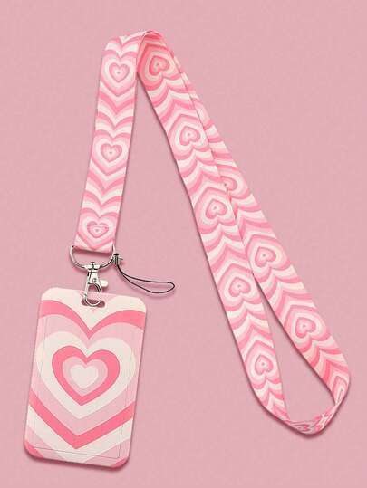 1pc心形挂绳卡套学生文具饭卡织绳公交卡收纳盒钥匙扣学生卡通保护套公交地铁门禁工作证件套通行证情侣透明长挂绳吊坠