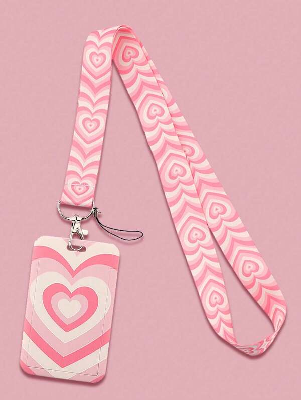 1 pièce Porte-carte de laisse en forme de cœur, carte de restauration scolaire, carte de bus en corde tressée, boîte de rangement porte-clés, étui de protection de dessin animé pour étudiant, ensemble de contrôle d'accès de bus et de métro, carte de passage, pendentif de laisse longue transparente pour couple