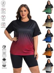 1pc Women's Plus Size Gradient Color Digital Print Loose Fit Plus Size Short Sleeve T-Shirt, Suitable For Sports, Running, Yoga, Gym, Outdoor, Casual, Vacation, Round Neck Pullover, 0XL 1XL 2XL 3XL 4XL