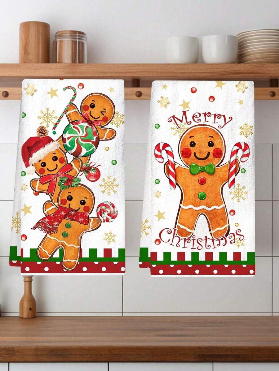 2pcs Christmas Gingerbread Man Hand Towels, Soft Absorbent Microfiber Cleaning Cloths, Suitable For Christmas Kitchen Decor (2026), Table Decor, Home Decor, Bathroom Decor, Housewarming Gift, New Year Gift (2027)