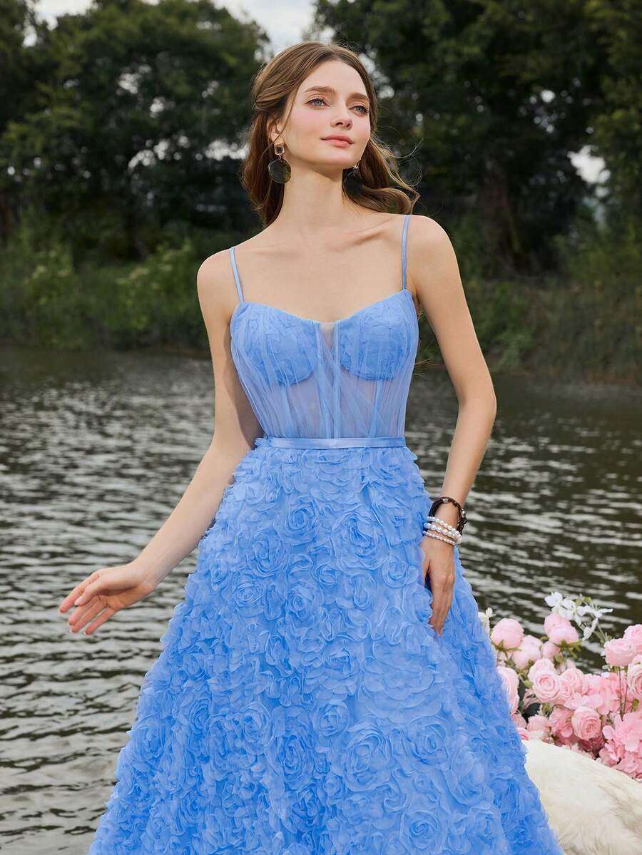Faeriesty Luxe Elegant Women's Ball Gown Dress With Thin Straps, Back Tie-Up And A-Line Skirt - Perfect For Formal Events, Galas, Ballroom Dances, High-End Parties, And Wedding Receptions. - Blue - View 1