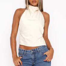 Womenacute;S Halter Neck Satin Sleeveless Backless Solid Color Slim Fit Summer Tank Tops - White - View 2