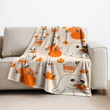 1pc Cartoon Cute Halloween Theme Blanket, Featuring Ghost & Pumpkin Print, Made Of Soft Flannel Fabric, Warm And Practical For Bedroom, Living Room, Halloween Decor, Office Nap, Camping, Yellow Throw Blanket