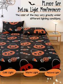 1 pieza Sábana ajustable de Halloween, Protector de colchón con temática de Halloween, Cubierta de cama, Sábana ajustable cómoda y transpirable, Protector de colchón antipelusas, Cubierta de cama con patrón de calabaza de dibujos animados, Decoración de habitación, Antipolvo y antideslizante, Se ajusta a todas las camas - Individual, Doble, Queen, King, Apto para todas las estaciones, No incluye funda de almohada, Lavable a máquina, Regalo perfecto para fiestas, Decoración de otoño, Decoración de habitación