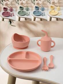 PopLittleOne 5 PIEZAS Conjunto de cubiertos de silicona para bebé, tazón con succión, plato, taza antiderrame, cuchara y tenedor blandos, vajilla para alimentación y entrenamiento de bebé antideslizante - Multicolor - Ver 1
