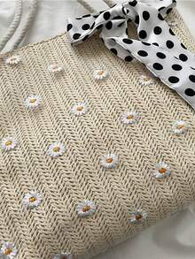 Túi cói mùa hè dành cho nữ, Túi đi biển dệt hoa tươi tắn và đơn giản, Túi tote đeo vai đơn thời trang. - Nhiều màu - Xem 3