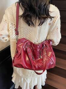 复古简约大容量时尚学生/办公室通勤手提包 - 紅色 - 查看 8