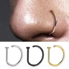 VJS 1pc/3pcs/5pcs 0.8mm*8mm Men & Boys Fake Nose Ring, Gold Stainless Steel D-Shape Simple American Style Personalized Letter Hip Hop Street Style Fake Nose Stud - Multicolor - View 2