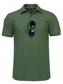 [Summer Golf Polo] Stylish Summer Golf Polo Shirt | Solid Color, Casual Outdoor Short-Sleeve Top With Buttons, Suitable For Sports And Hiking - 軍綠色 - 查看 2