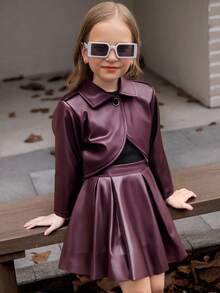 Girls 3 Pieces Set: Round Neck Sleeveless Top, Burgundy Long Sleeve PU Leather Jacket, Burgundy PU Leather Skirt, Elegant & Warm Outfit For Autumn/Winter