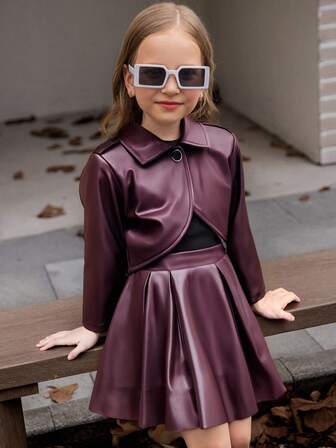 Completo da ragazza in 3 pezzi: top senza maniche a collo tondo, giacca in ecopelle bordeaux a maniche lunghe, gonna in ecopelle bordeaux, outfit elegante e caldo per l'autunno/inverno